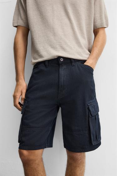 コットン/レーヨン カーゴバミューダパンツダークネイビーブルーZaraのコットン/レーヨン カーゴバミューダパンツ - ダークネイビーブルー 