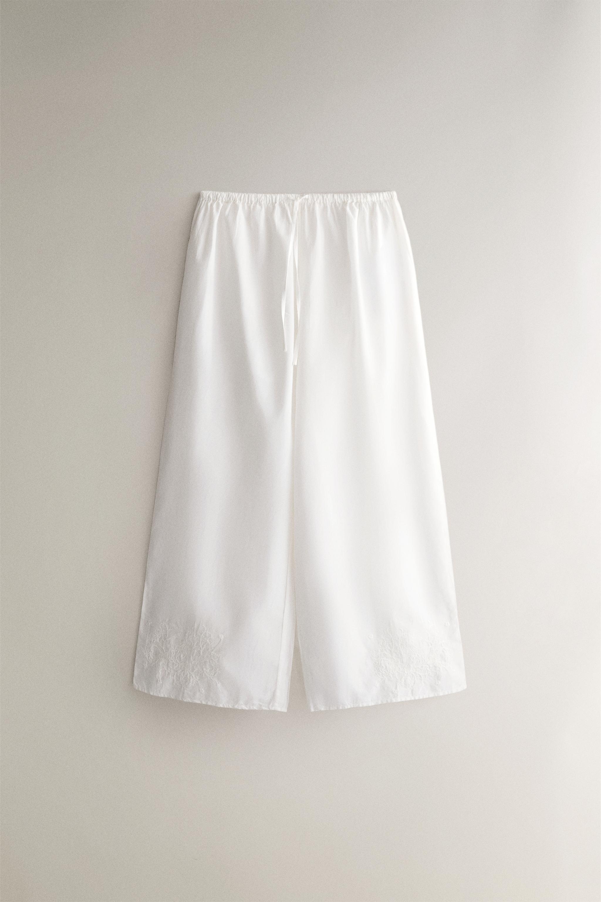EMBROIDERED COTTON TROUSERS — Oyster-white
