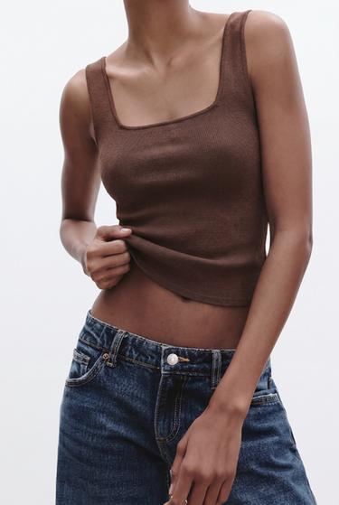 Zara SQUARE NECK TOP - Brown