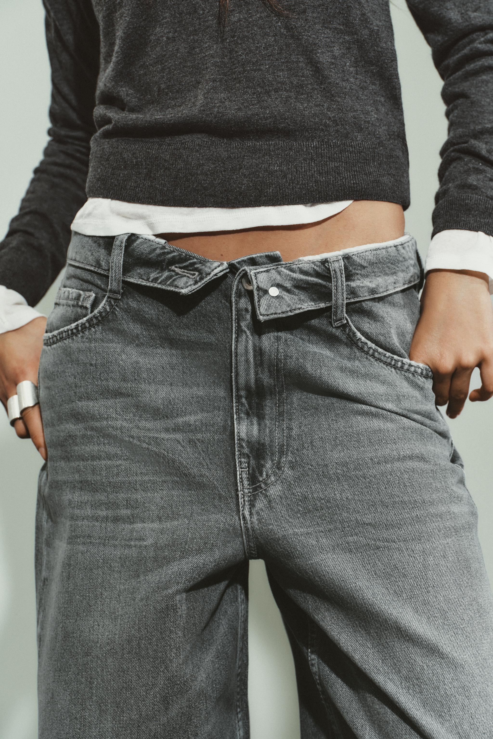 ミッドライズ折り返しウエストデニムパンツ TRF - グレー | ZARA Japan