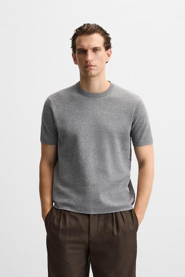 Zara TEXTURED KNIT T-SHIRT - Gray marl