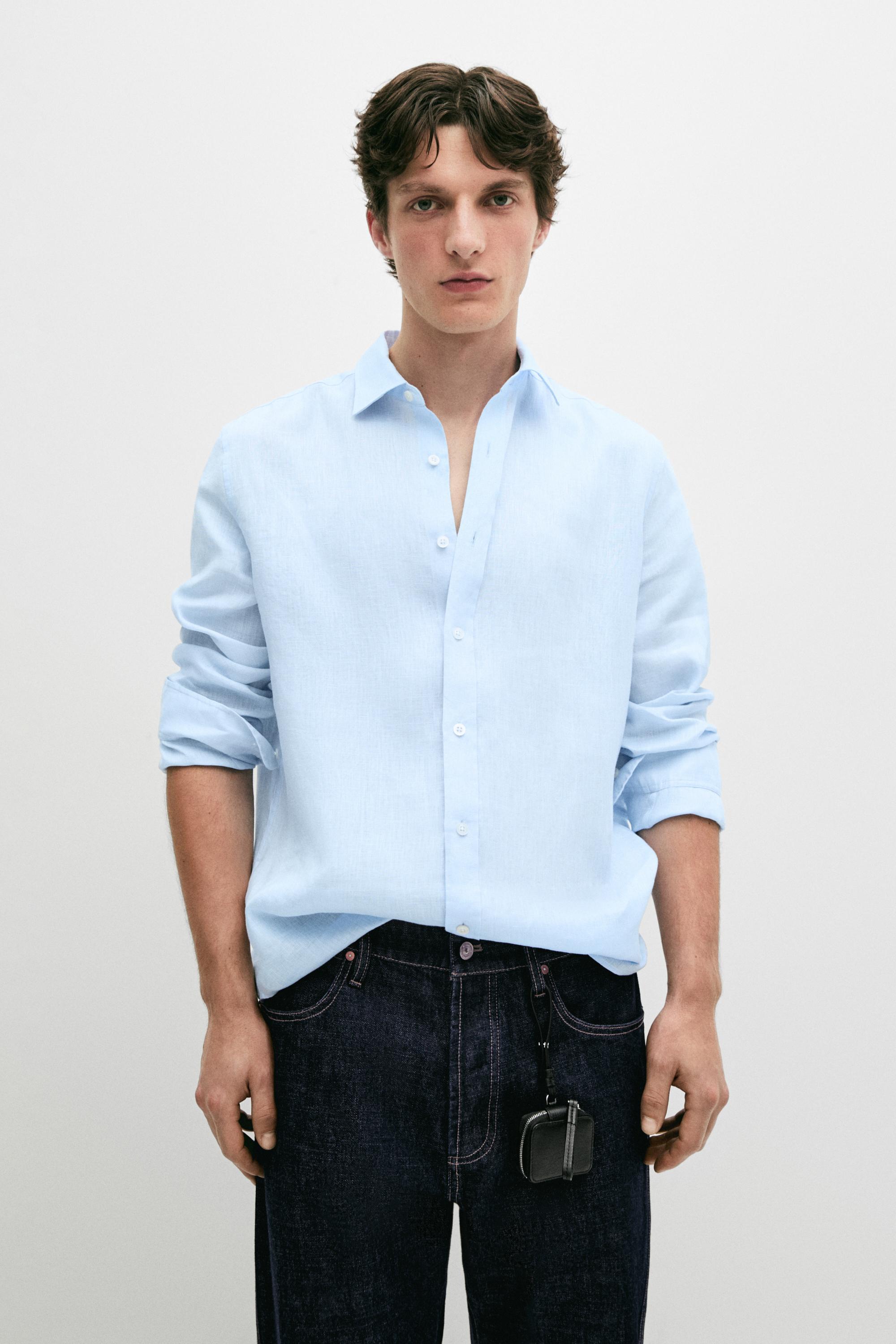 Slim fit 100% linen shirt — Green stripe