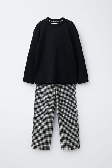 AGES 6-14 / COMBINED FLEECE AND GINGHAM PYJAMAS - Black / Ecru by Zara
