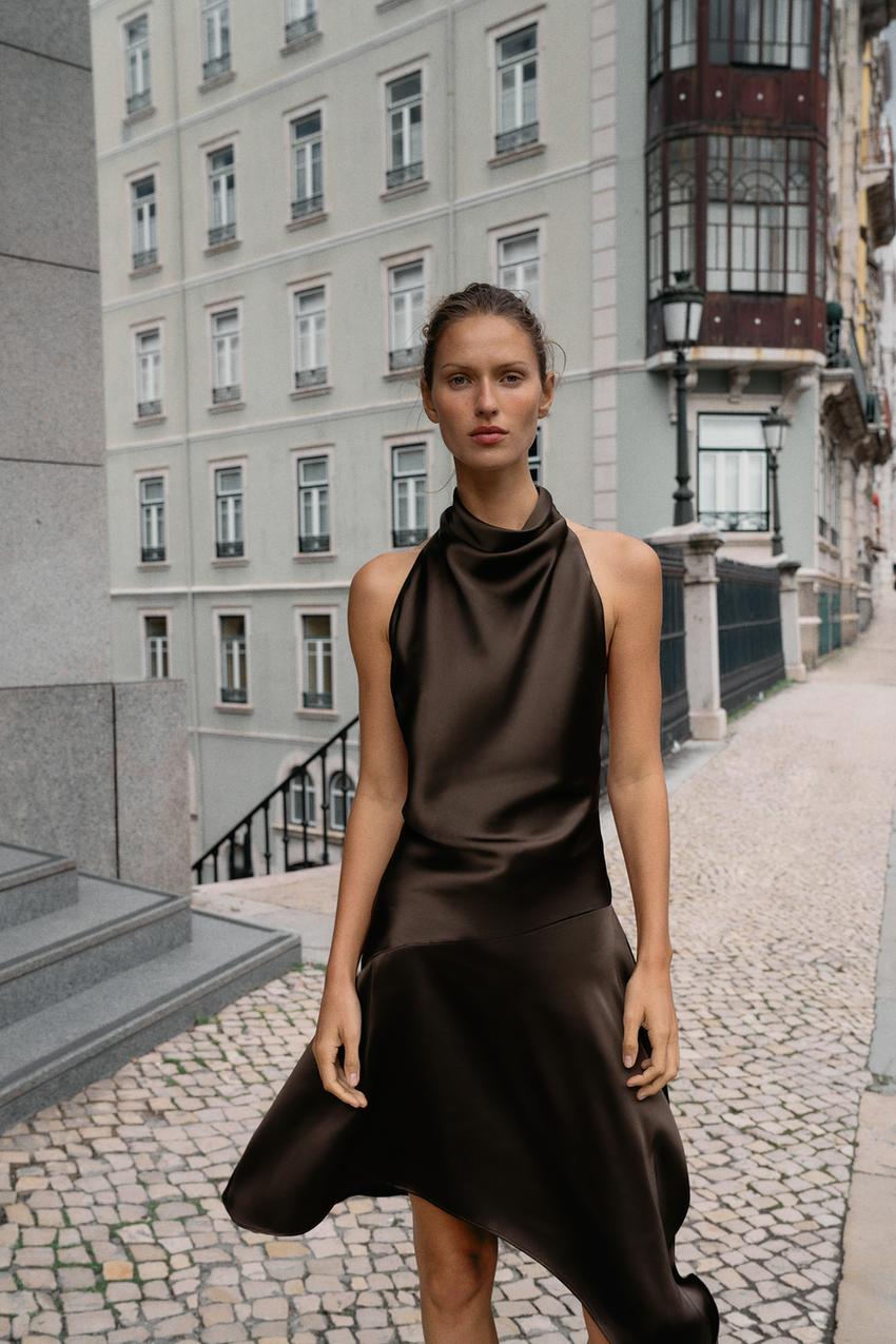 ASYMMETRIC SHORT DRESS WITH BOW - Brown | ZARA United States ASYMMETRIC SHORT DRESS WITH BOW - Brown | ZARA United States