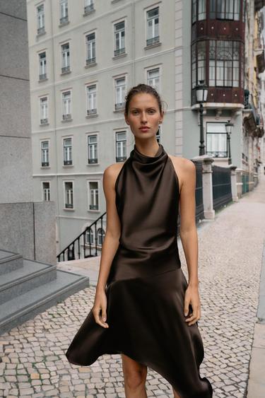 VESTIDO CURTO ASSIMÉTRICO LAÇO - Castanho da Zara