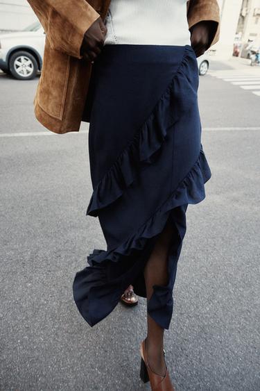 RUFFLED LINEN BLEND MIDI SKIRT - Navy blue by Zara