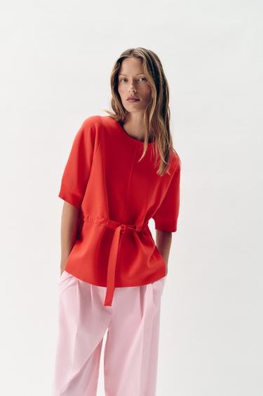SHORT SLEEVE KNIT JUMPER WITH BOW - Coral red by Zara
