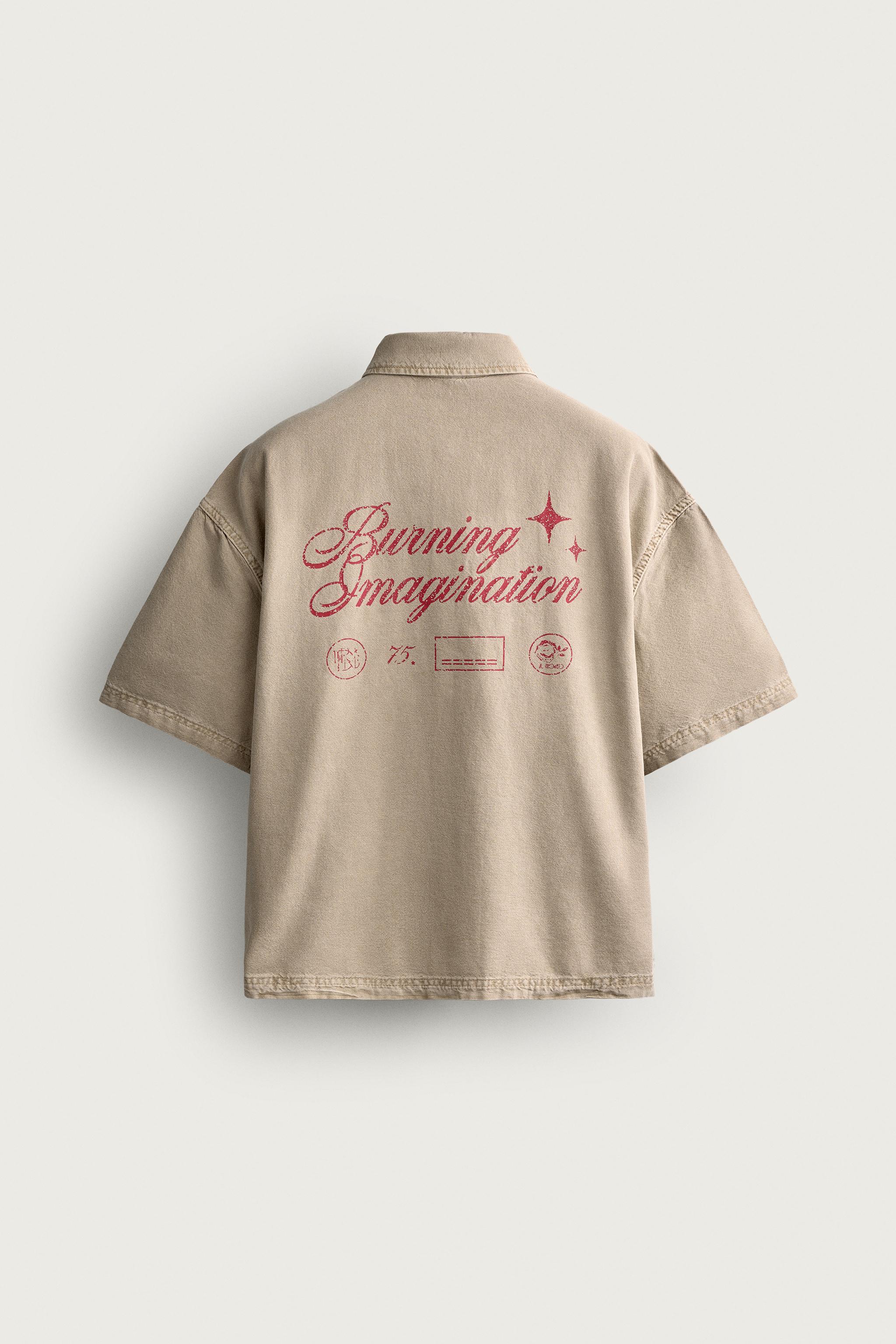 CONTRAST TEXT RELAXED FIT SHIRT — taupe brown