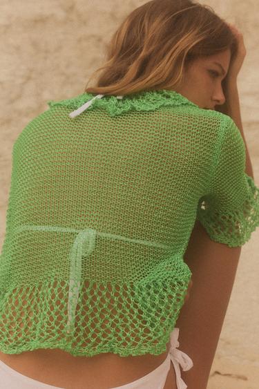 GILET EN MAILLE OUVERT MANCHES COURTES - Vert de Zara - Image 3