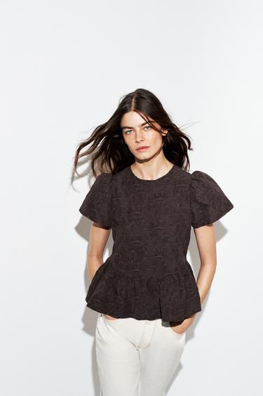 BALLOON PEPLUM TOP - Brown by Zara - Image 4