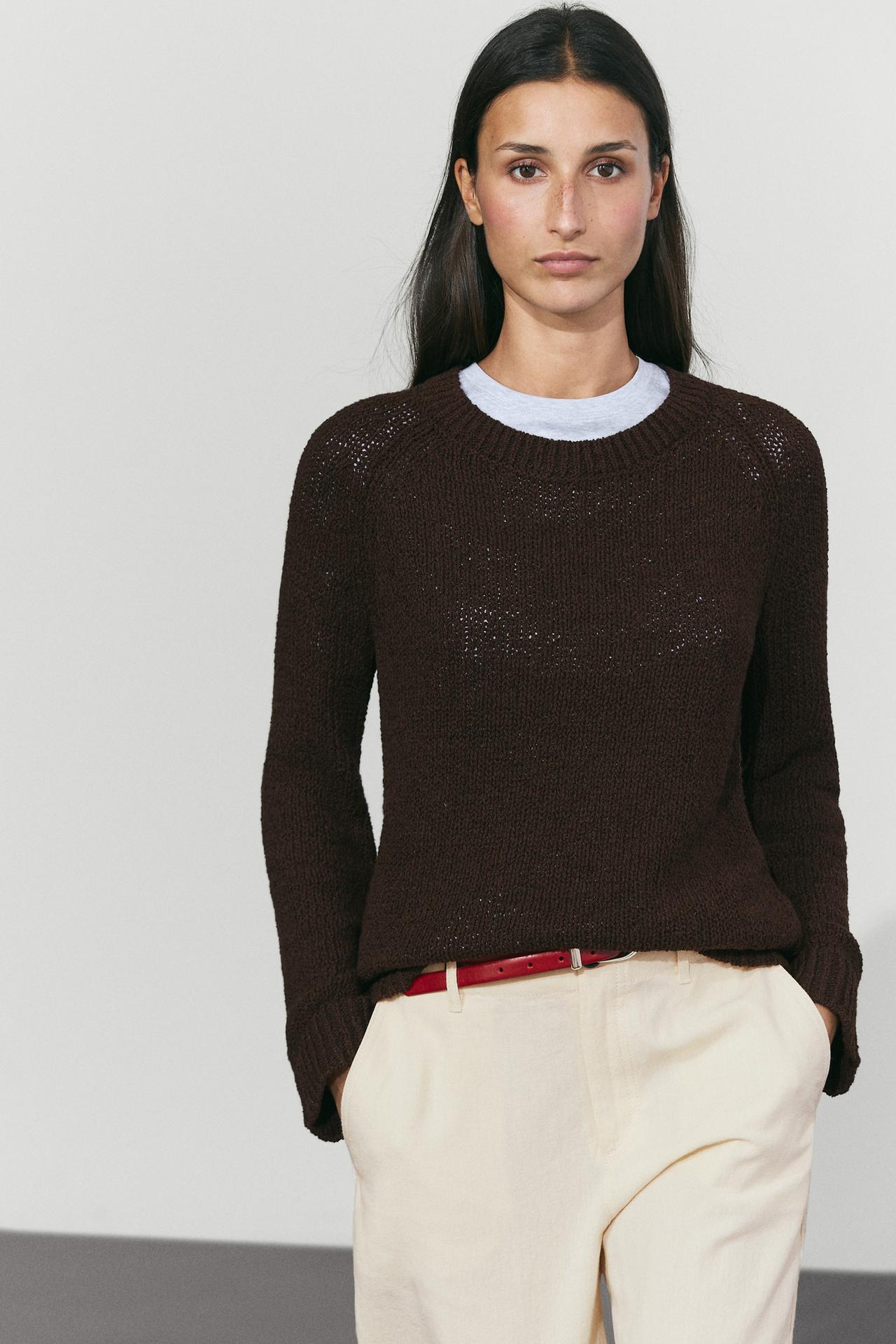 Cotton-blend boat-neck knit sweater — Brown