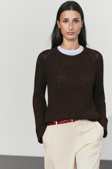 Cotton-blend boat-neck knit sweater — Brown 2
