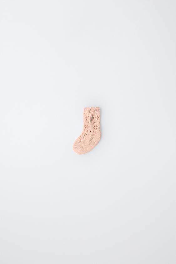 OPENWORK SOCKS WITH EMBROIDERED FLOWERS - Peach by Zara - Image 0