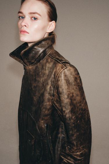 100% LEATHER BIKER JACKET ZW COLLECTION LIMITED EDITION - Brown by Zara - Image 4