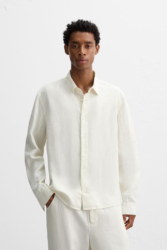 Manga Larga Camisa ZARA De Algodón Hombre Beige, Estilo Relajado