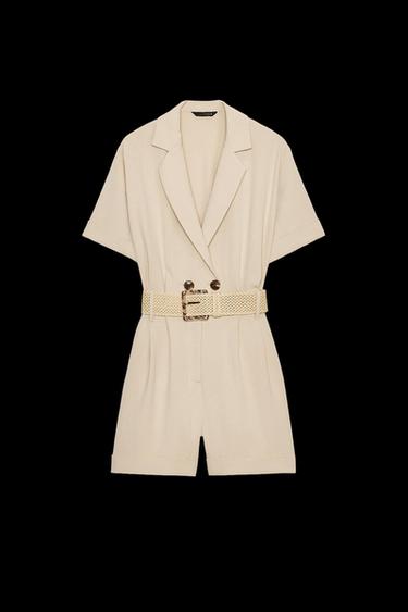 BELTED SHORT SLEEVE JUMPSUIT - Sand by Zara