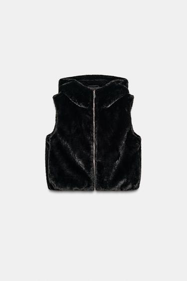 Zara 連帽毛絨背心 - 黑色