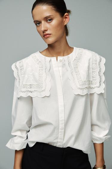 Zara ZW COLLECTION EMBROIDERED COLLAR POPLIN SHIRT - Oyster-white