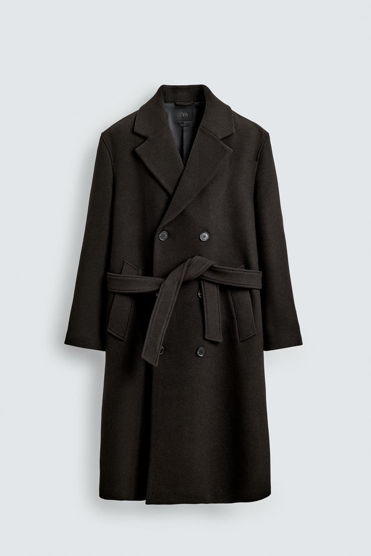 ZARA DOUBLE-BREASTED WOOL BLEND COAT WITH BELT