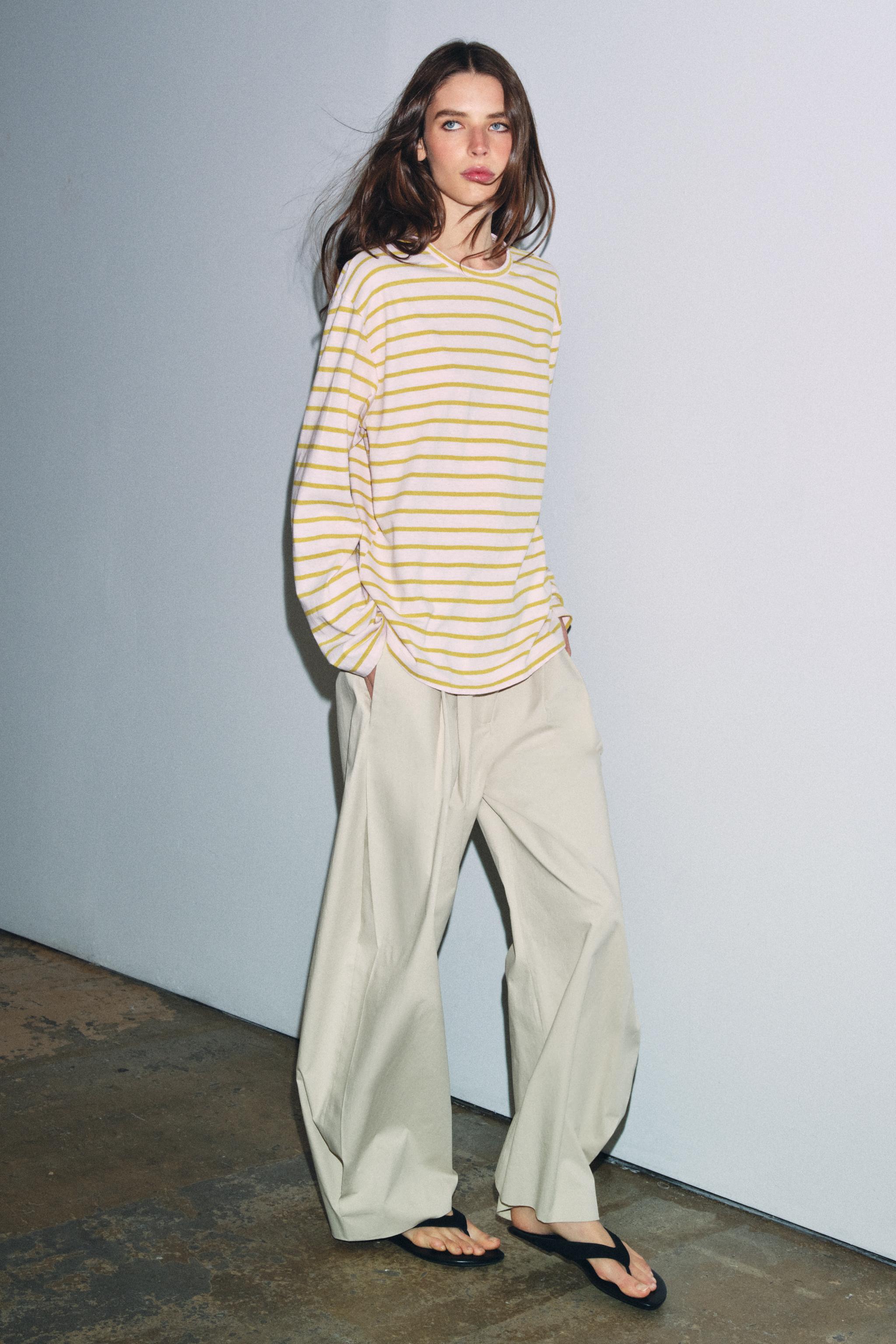 STRIPED COTTON AND LINEN T-SHIRT — Pastel pink
