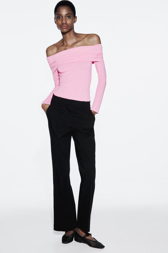 Zara, Tops, Zara Pink Ribbed Puff Sleeve Bodysuit
