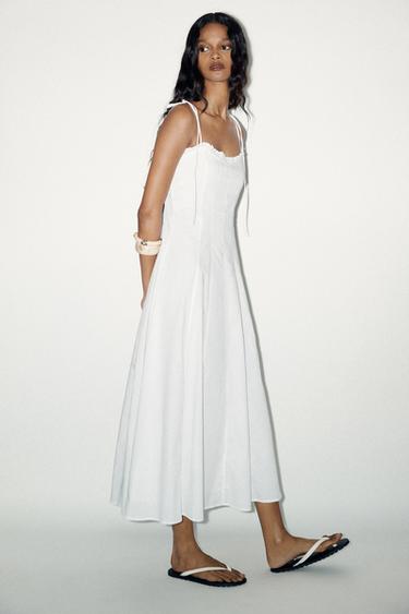 ROBE MI-LONGUE EN POPELINE À VOLANTS - Blanc de Zara