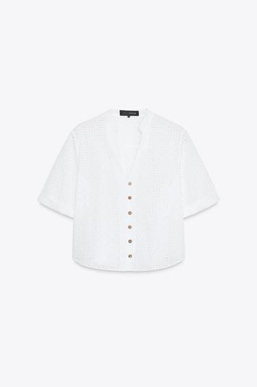 CHEMISE COURTE BRODERIES AJOURÉES - Blanc de Zara - Image 4