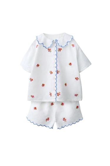 4-10 LET/ PIŽAMA Z VEZENIMI CVETLICAMI, MEŠANICA BOMBAŽA IN LANA - Ekru barva / Lisasta od Zare