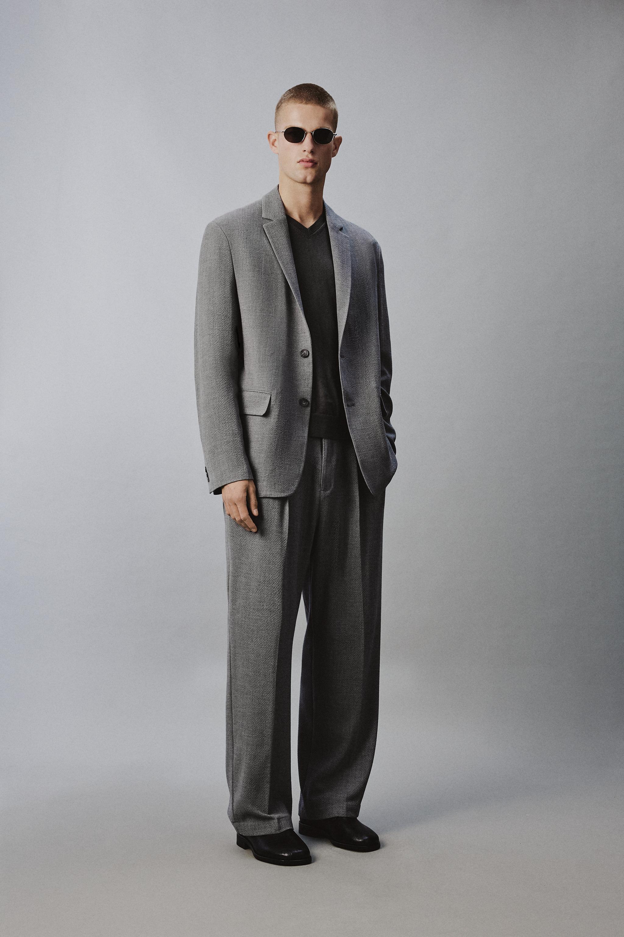RELAXED FIT HERRINGBONE SUIT TROUSERS - Grey | ZARA Iraq