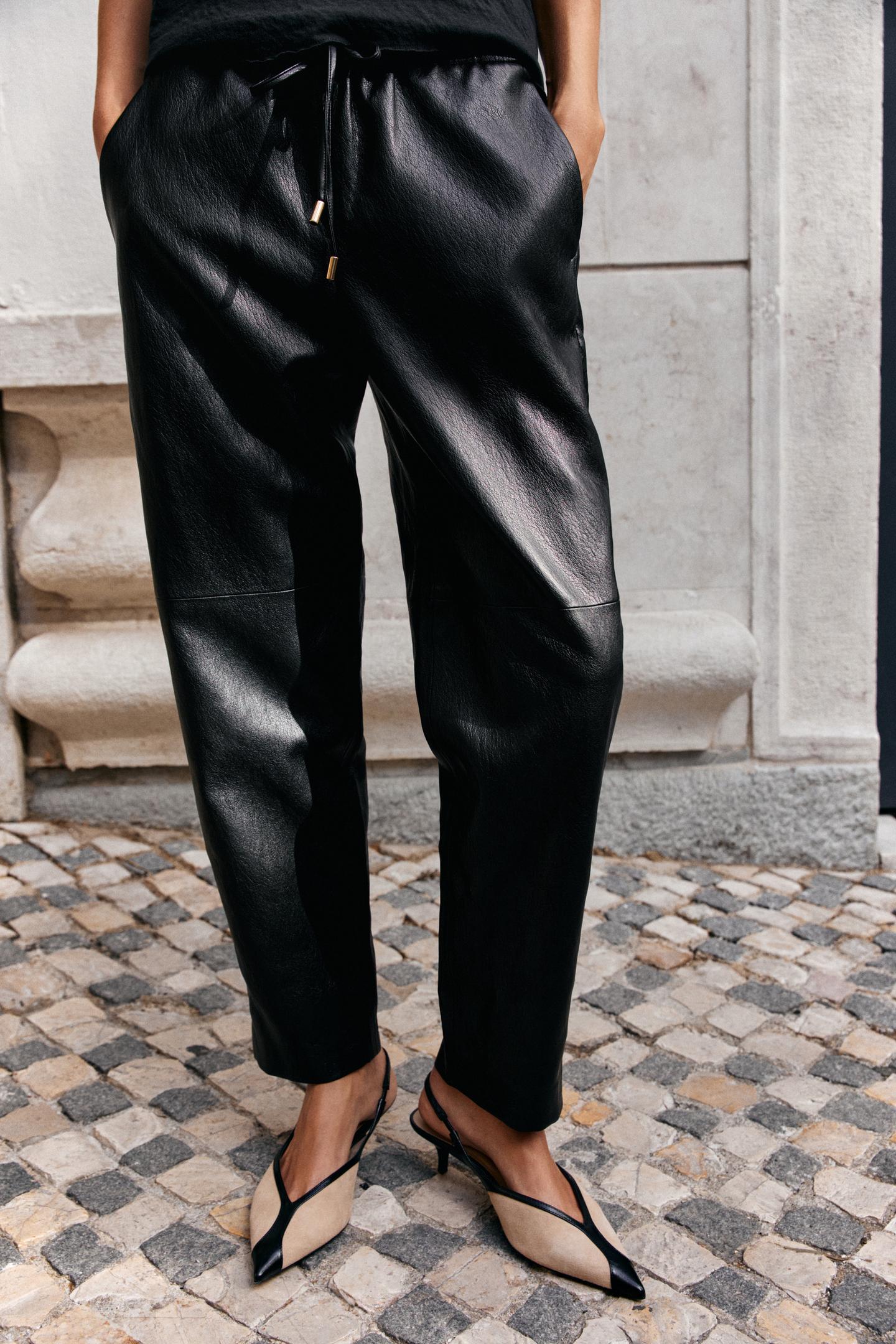 Женские брюки Zara Faux Leather Elastic-Waist, цвет: Чёрный — фото 2