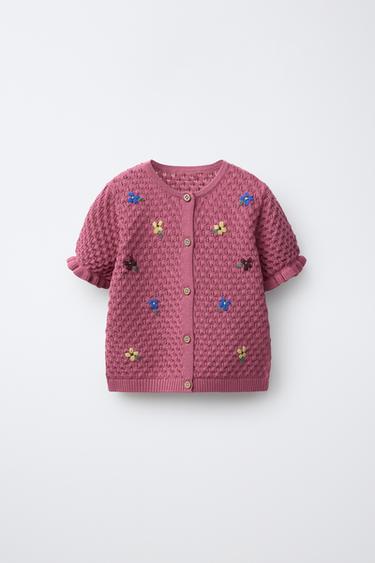 CHAQUETA PUNTO FLORES BORDADAS - Frambuesa de Zara