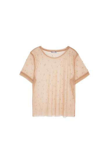 TULLE T-SHIRT WITH FAUX PEARLS