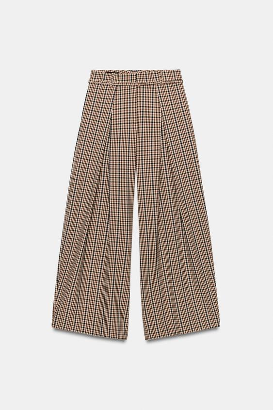 PANTALÓN CUADROS CINTURÓN - Khaki de Zara - Imagen 0