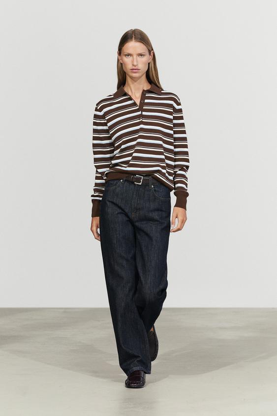 Zara 100% cotton striped polo shirt - Brown - Image 0