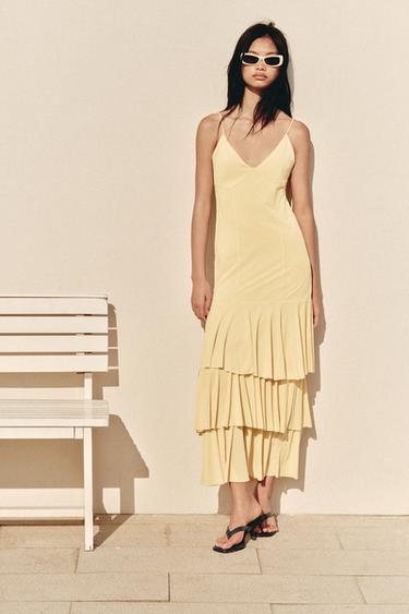 Zara 荷葉邊中長版洋裝 - 黃色