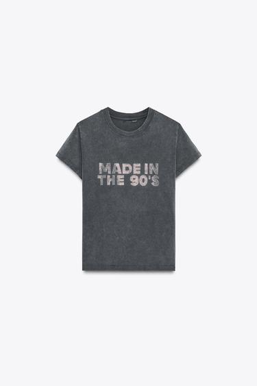 טי שירט עם אפקט דהוי ושיבוץ אבנים - אפור פחם של Zara