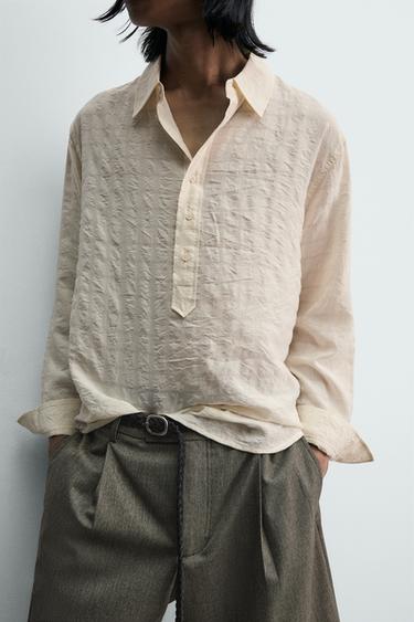 CHEMISE POLO JACQUARD CARREAUX EFFET FROISSÉ - Blanc cassé de Zara - Image 5