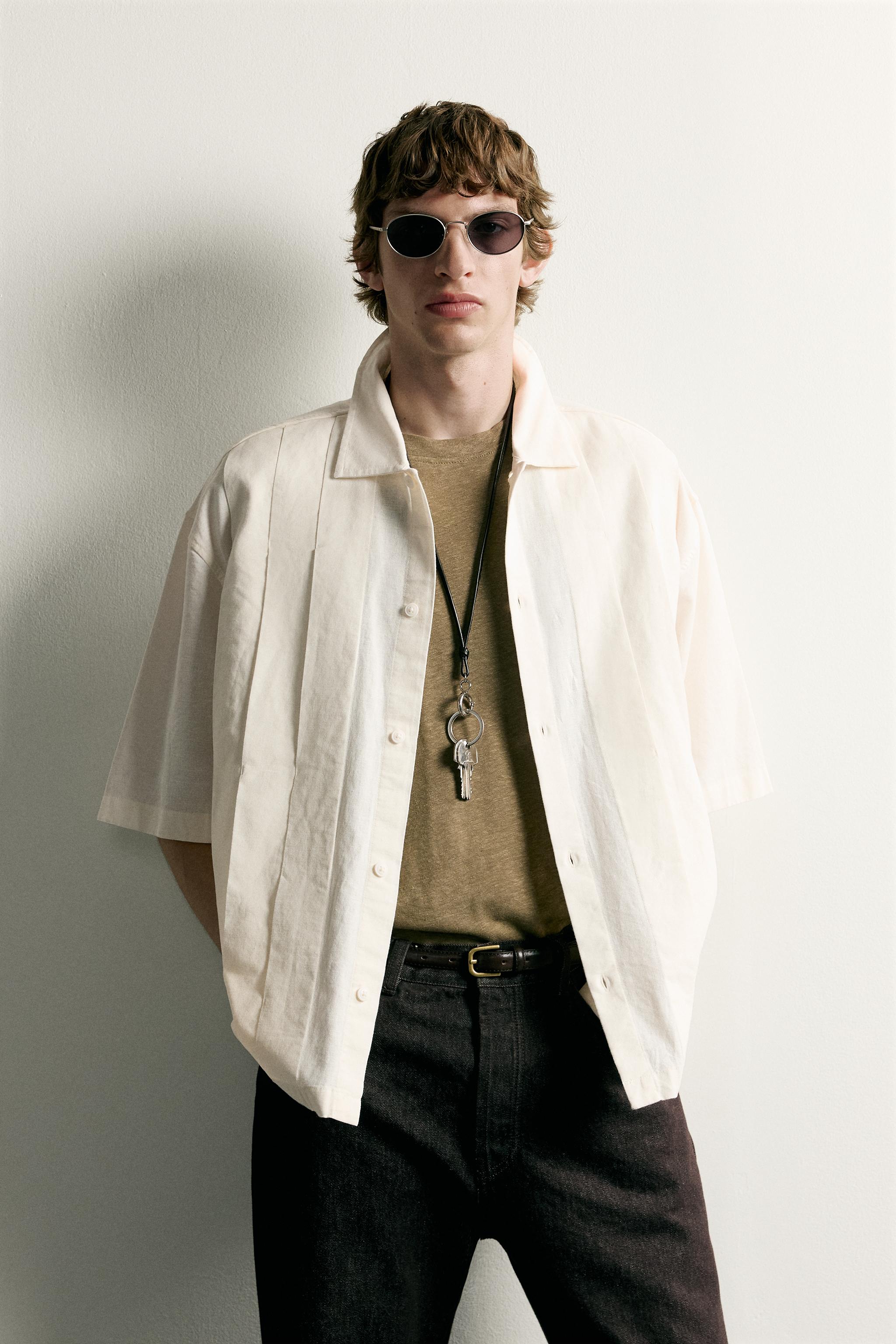 RELAXED FIT PLEATED SHIRT — Oyster-white