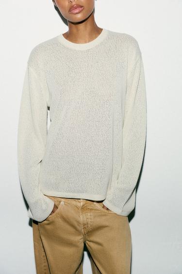 Zara CUT OUT KNIT TOP - Oyster-white