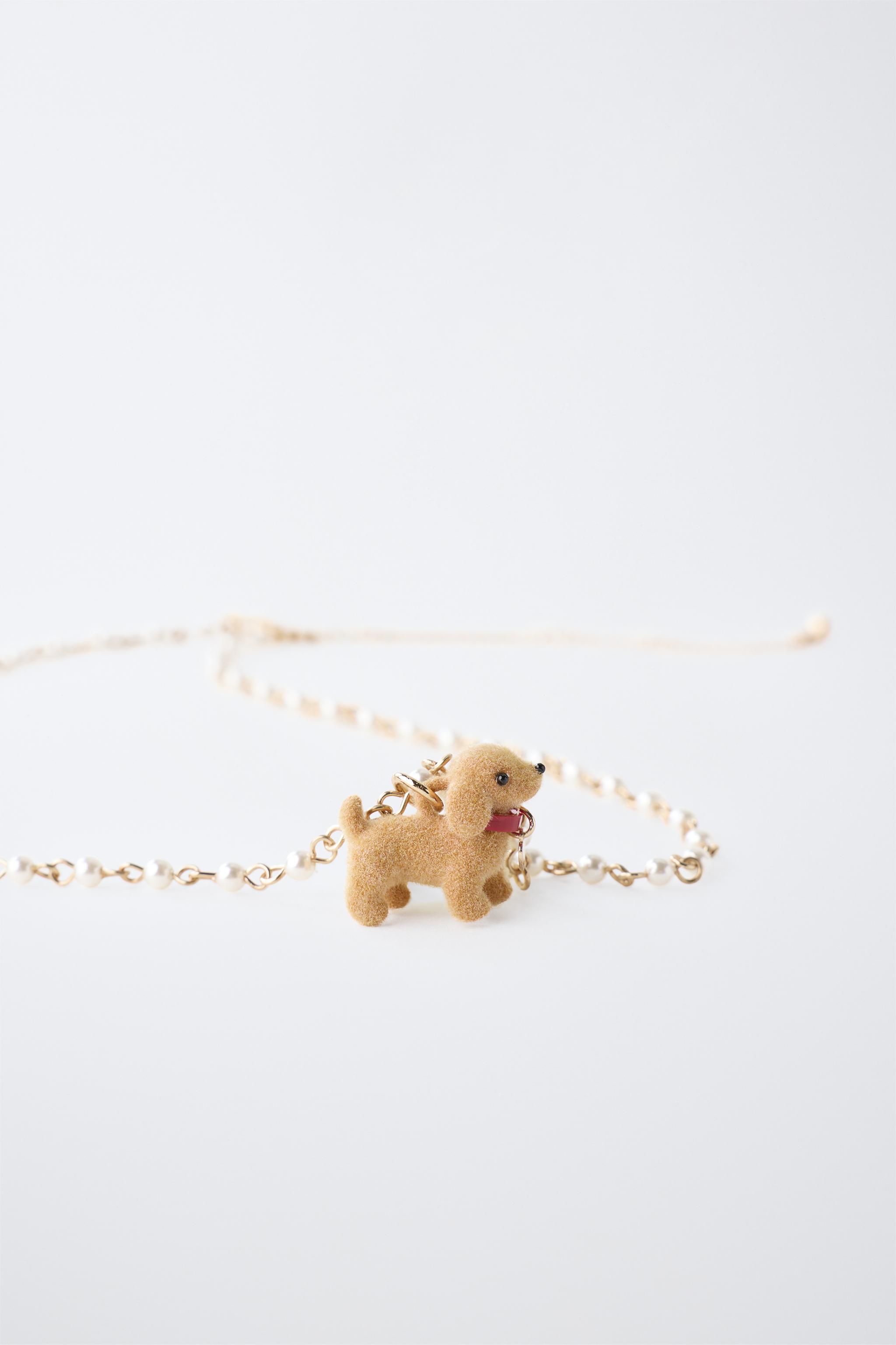 PEARL AND FLOCKED PUPPY NECKLACE — Brown