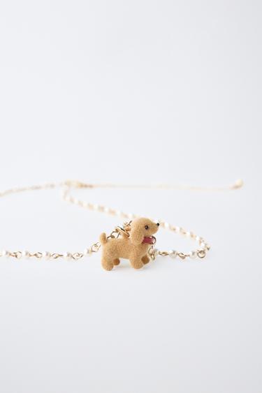 PEARL AND FLOCKED PUPPY NECKLACE — Brown 2
