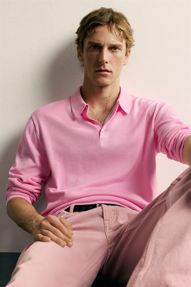 Zara RELAXED FIT KNIT POLO SHIRT - Pink marl