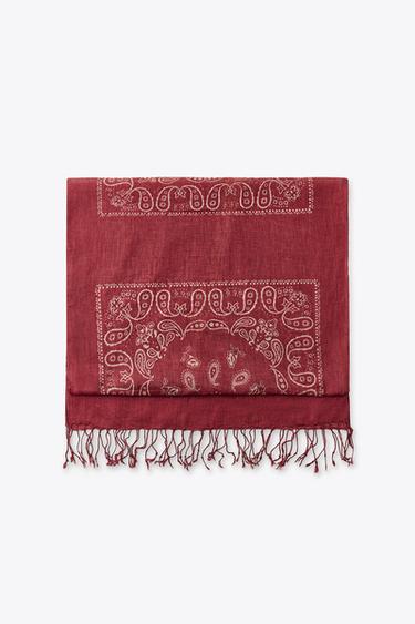 100% LINEN PRINTED SCARF WITH FRINGES - Red by Zara