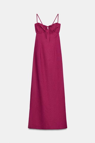 STRAPPY LINEN BLEND MIDI DRESS - Magenta by Zara