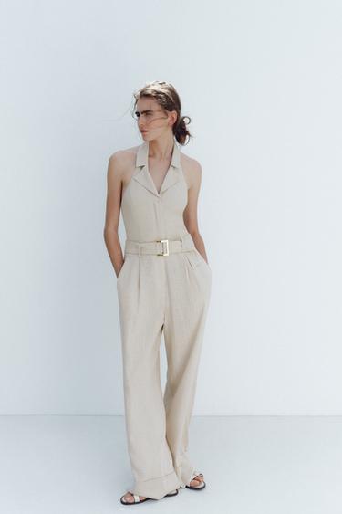 HALTER NECK LINEN BLEND JUMPSUIT - Sand by Zara