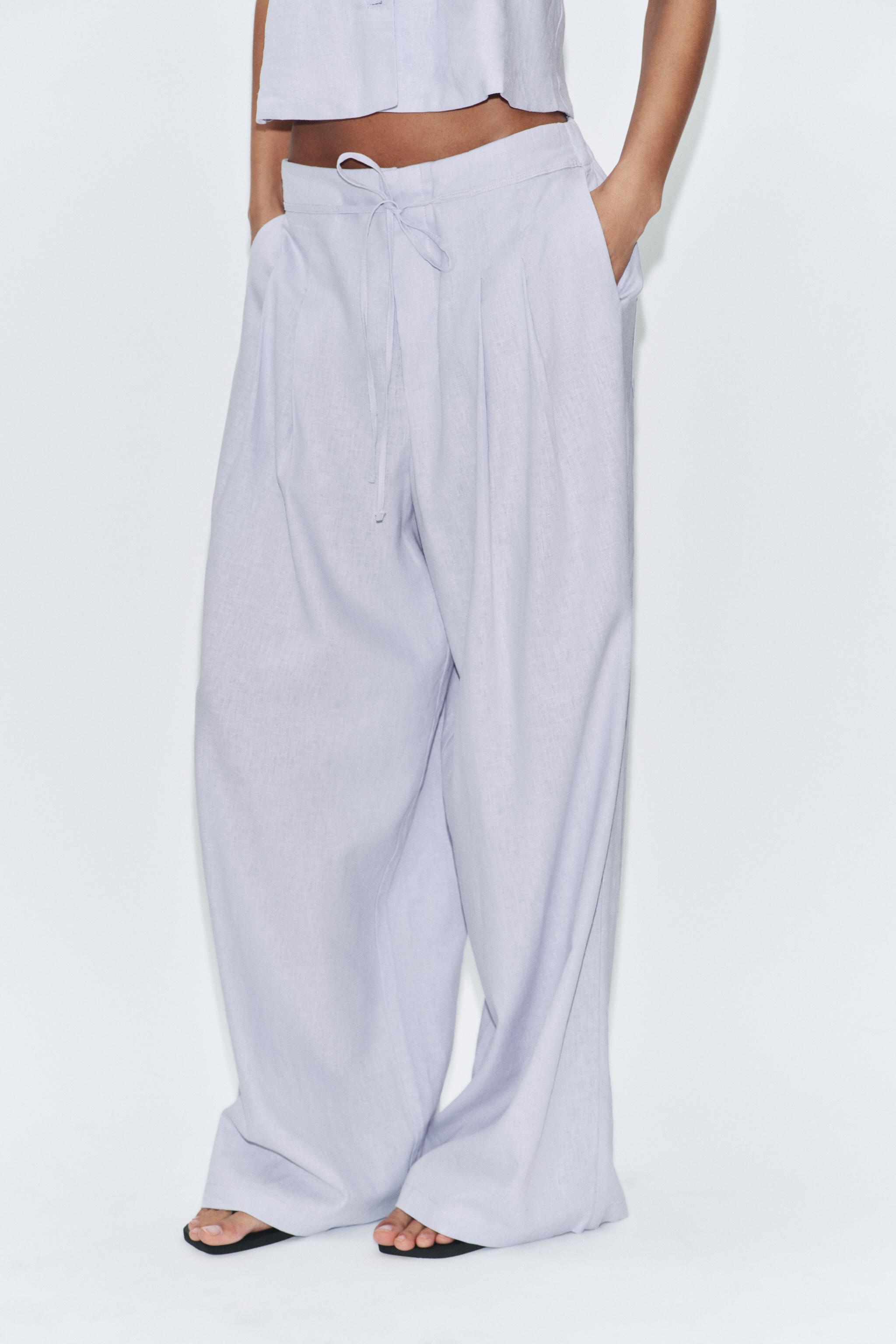 WIDE LEG PLEATED PANTS WITH LINEN — Lilac