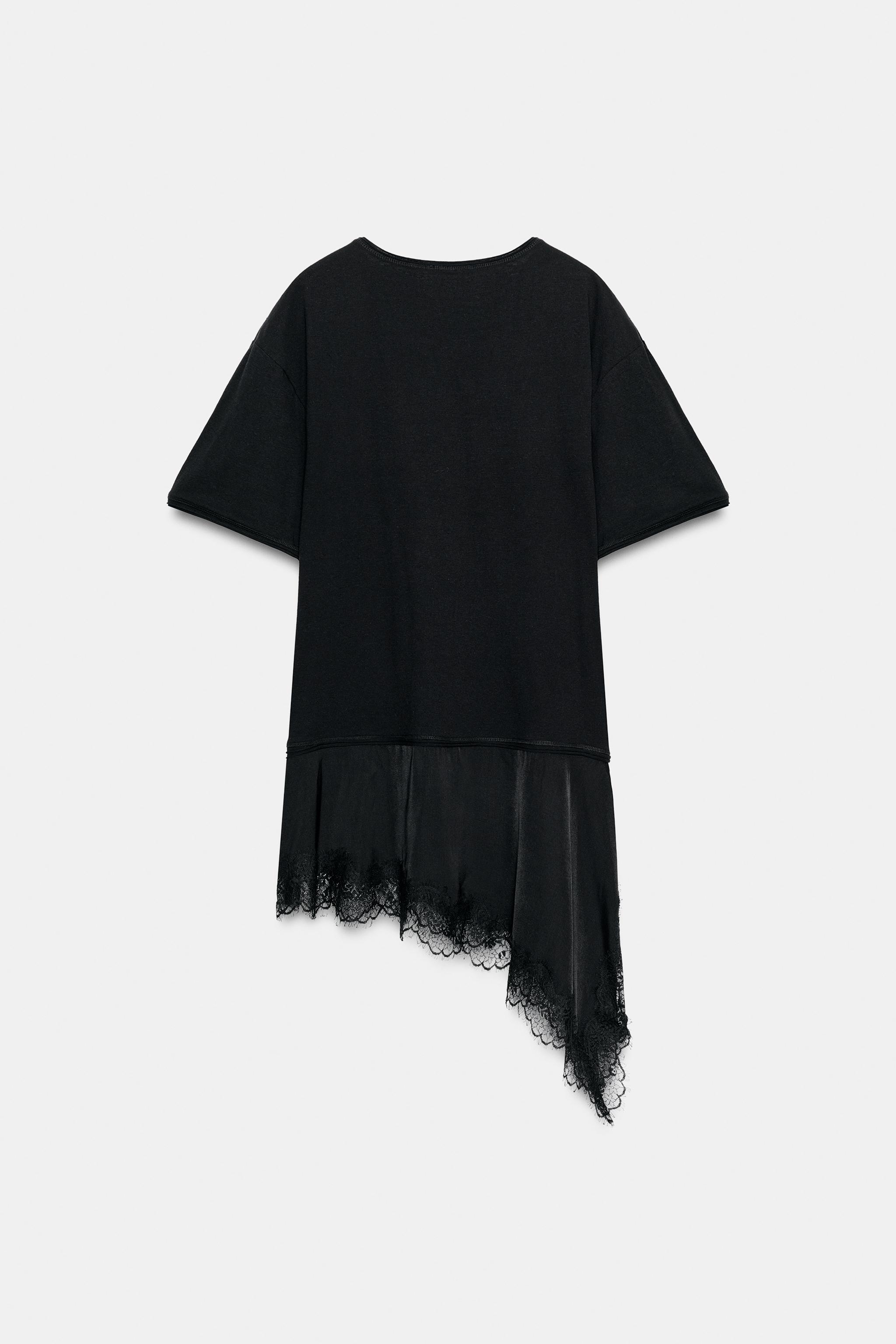 T-SHIRT EN MATIÈRES VARIÉES ET DENTELLE À COL TUNISIEN