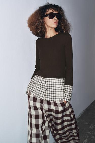 T-SHIRT COMBINÉ À CARREAUX - Marron de Zara - Image 3