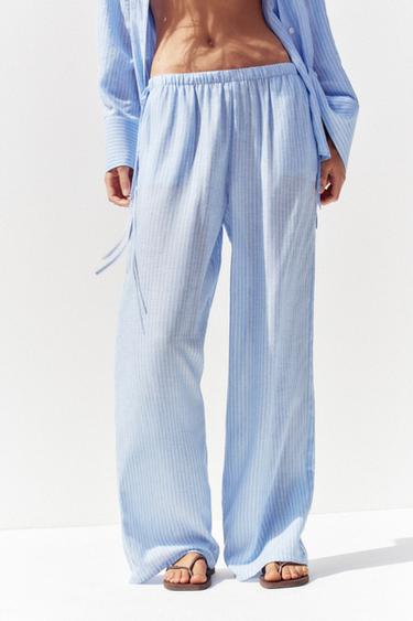 Zara STRIPED PALAZZO PANTS - Blue / White