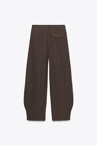 STRIPED LINEN BLEND BALLOON TROUSERS ZW COLLECTION - Brown / Ecru by Zara